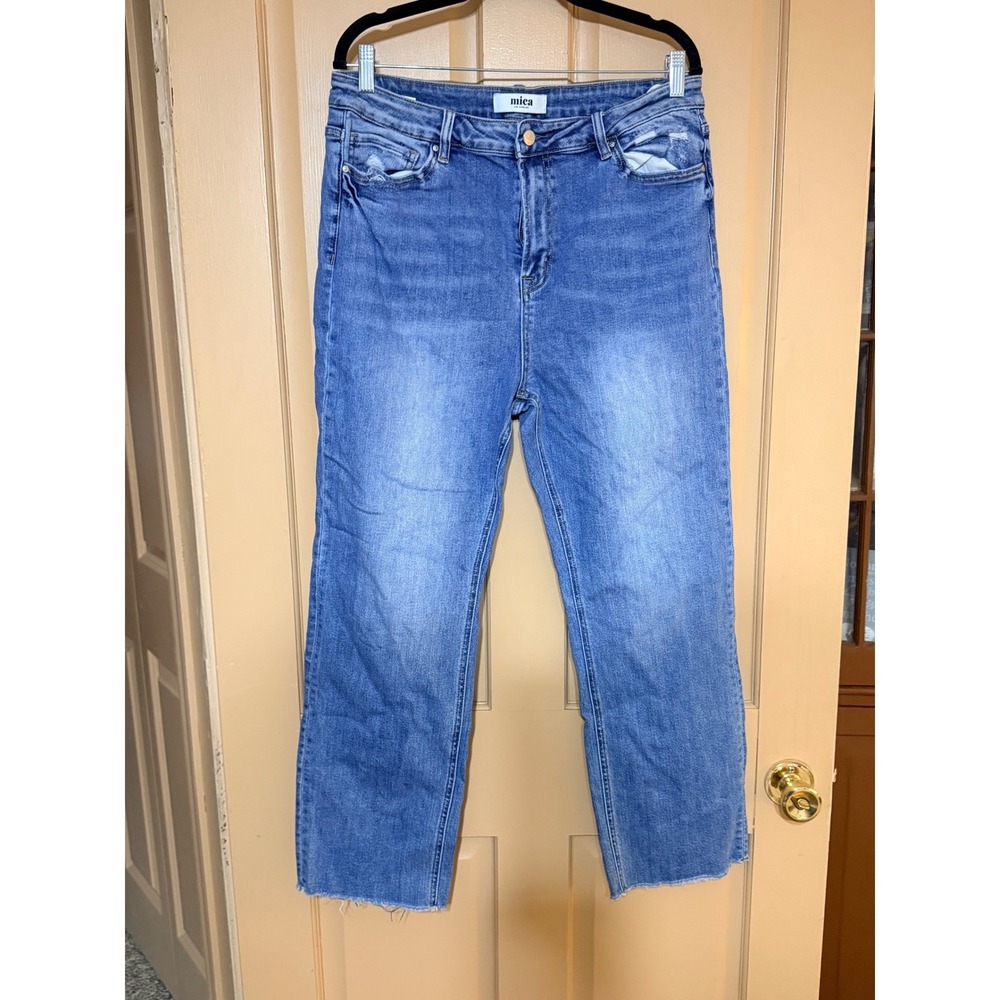 Mica Los Angeles High‎ Waisted Straight Leg Jeans Medium Wash Raw Hem Size 32